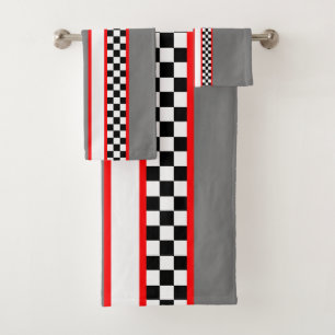 Classic Race Themed Black White Red And Grey Bath Towel Set