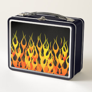 Classic Racing Flames Pin Stripes on Black Metal Lunch Box