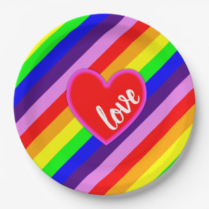 Classic Rainbow Stripes with Heart Colourful Paper Plate