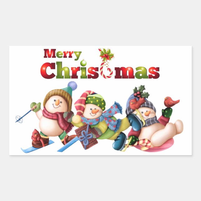 Classic Rectangle Christmas Sticker/Snowmen Sticker (Front)