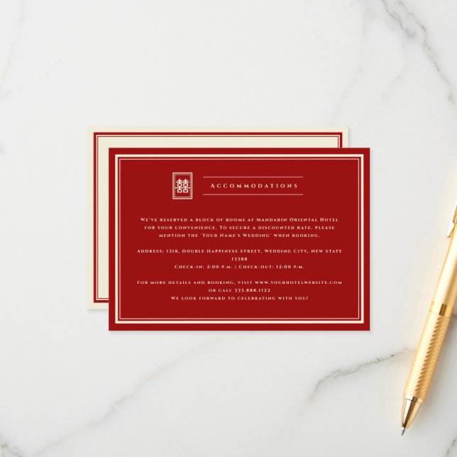 Classic Rectangle Double Happiness Chinese Wedding Enclosure Card (Front/Back In Situ)