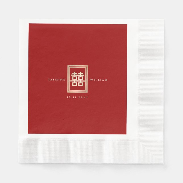 Classic Rectangle Double Happiness Chinese Wedding Napkin (Front)