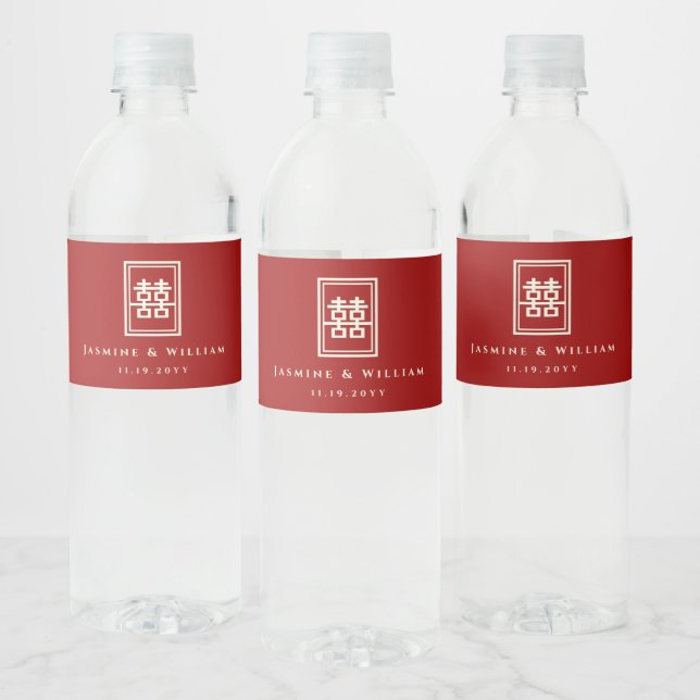 Classic Rectangle Double Happiness Chinese Wedding Water Bottle Label (Bottles)