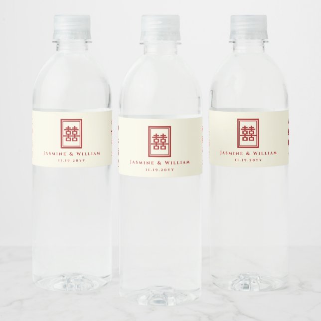 Classic Rectangle Double Happiness Chinese Wedding Water Bottle Label (Bottles)