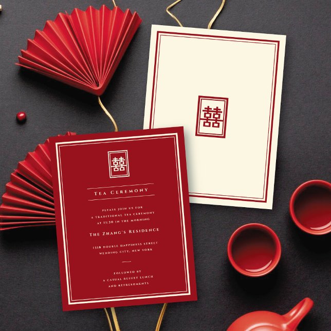 Classic Rectangle Double Happiness Tea Ceremony Invitation (Red/Ivory Classic Rectangle Double Happiness Tea Ceremony Enclosure Card @ fatfatin_red_knot)