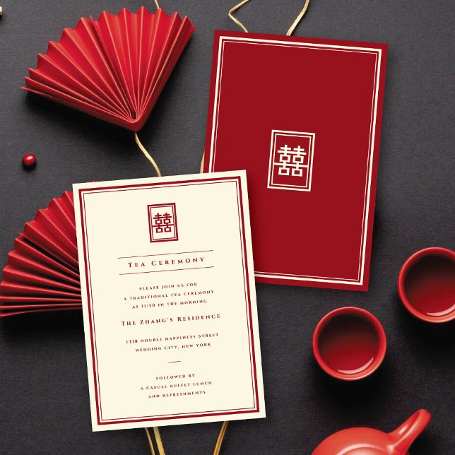Classic Rectangle Double Happiness Tea Ceremony Invitation (Red/Ivory Classic Rectangle Double Happiness Tea Ceremony Enclosure Card @ fatfatin_red_knot)