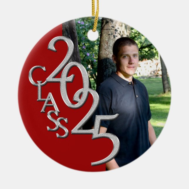 Classic Red 2025 Graduate Photo Ceramic Ornament (Front)