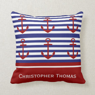 Classic Red Anchors on Blue and White Personalized Throw Pillow