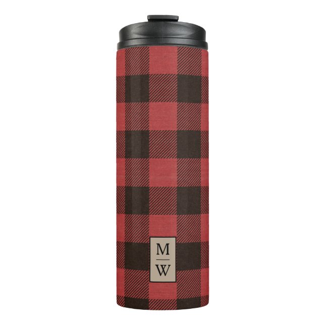Classic Red and Black Buffalo Plaid with Monogram Thermal Tumbler (Front)