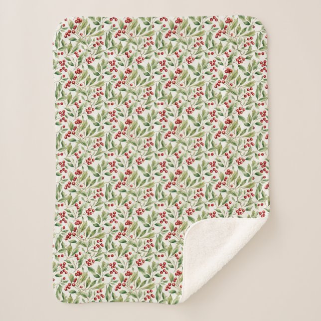 Classic red and green Christmas holly berries Sherpa Blanket (Front)