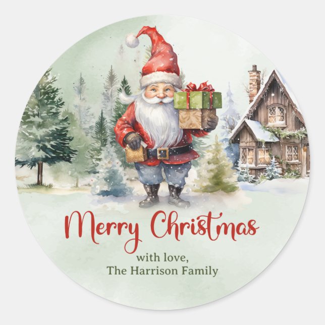 Classic red and green cute gnome with gifts classic round sticker (Front)