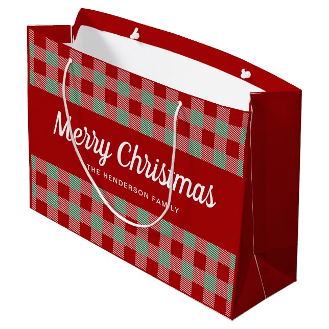 Classic Red And Green Plaid Christmas Large Gift Bag (Back Angled)