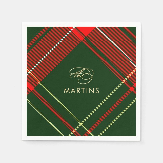Classic Red and Green Plaid Custom Name Holiday Napkin (Front)