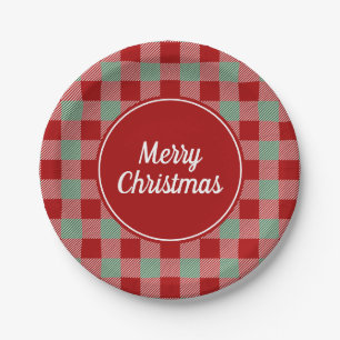 Classic Red And Green Plaid Merry Christmas Paper Plate