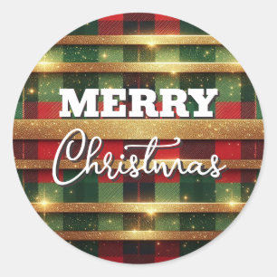 Classic Red and Green Plaid Sparkling Gold Stripes Classic Round Sticker