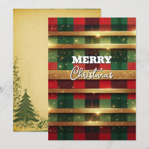 Classic Red and Green Plaid Sparkling Gold Stripes Holiday Card