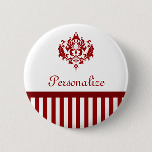 Classic Red and White Damask Stripes and Name 2 Inch Round Button