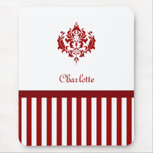 Classic Red and White Damask With Stripes And Name Mouse Pad