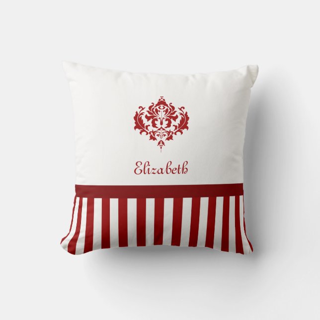 Classic Red and White Damask With Stripes and Name Throw Pillow (Front)