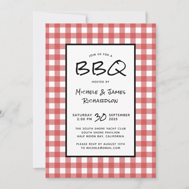 Classic Red and White Gingham BBQ Picnic Party Invitation (Front)