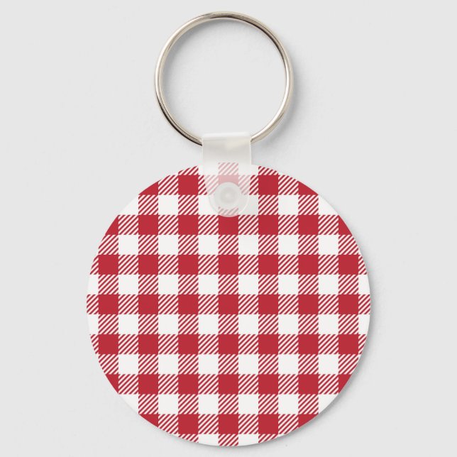 Classic Red and White Gingham Checkered Pattern Keychain (Front)