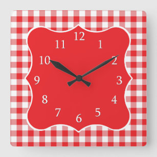 Classic Red And White Gingham Country Square Wall Clock