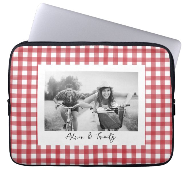 Classic Red and White Gingham Plaid Custom Photo Laptop Sleeve (Front)
