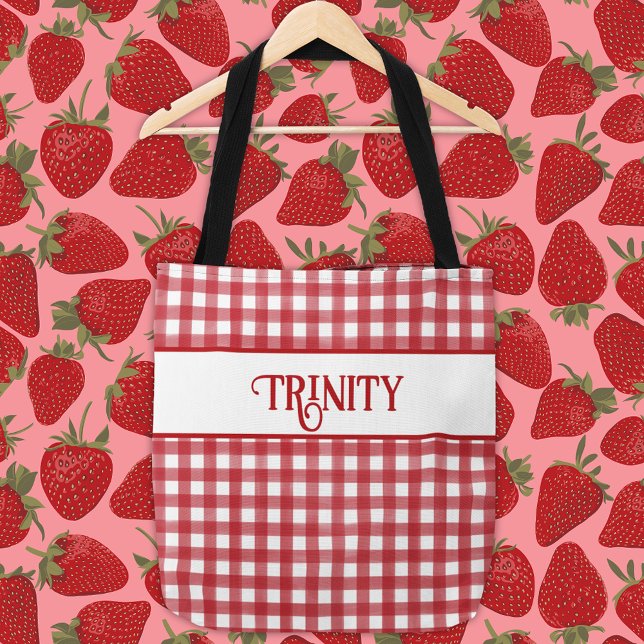 Classic Red and White Gingham Plaid Personalized Tote Bag (Creator Uploaded)