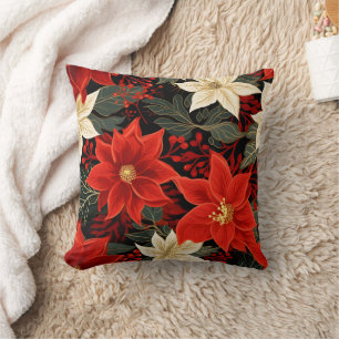 Classic Red and White Poinsettia Christmas Floral Throw Pillow