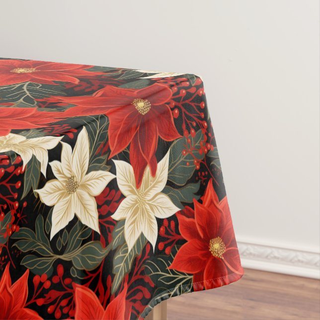 Classic Red and White Poinsettia Christmas  Tablecloth (In Situ)
