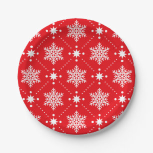 Classic Red and White Snowflakes Christmas Pattern Paper Plate