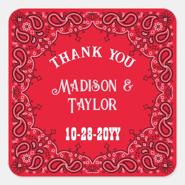 Classic Red Bandana Western Wedding Thank You Square Sticker (Front)