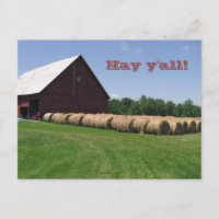 Classic Red Barn & Hay Bales Postcard