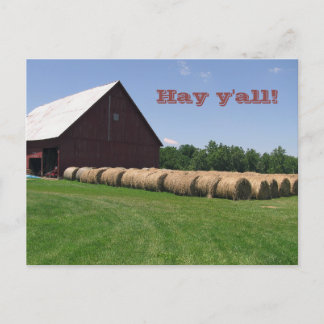 Classic Red Barn & Hay Bales Postcard