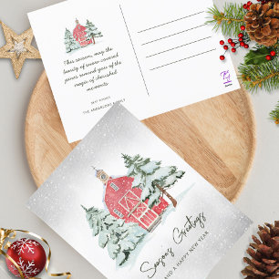 Classic Red Barn Snowflakes Pine Forest Christmas Holiday Postcard