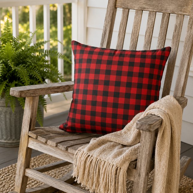 Classic Red Black Buffalo Check Plaid Pattern Outdoor Pillow (Creator Uploaded)