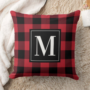 Classic Red Black Buffalo Plaid Monogram Christmas Throw Pillow