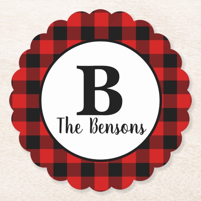Classic Red Black Monogram Buffalo Plaid Paper Coaster (Front)