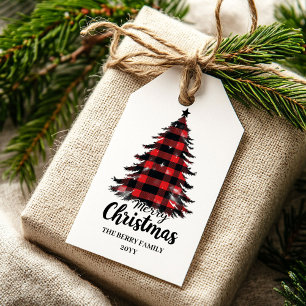 Classic red black plaid gift tag custom lettering