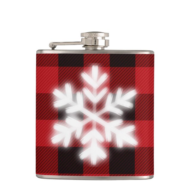 Classic red black plaid pattern cute snowflake  hip flask (Front)