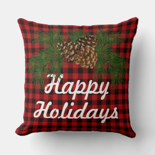 Classic red black plaid pine cone calligraphy throw pillow