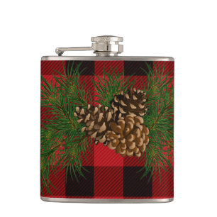 Classic red black plaid rustic pinecone  hip flask