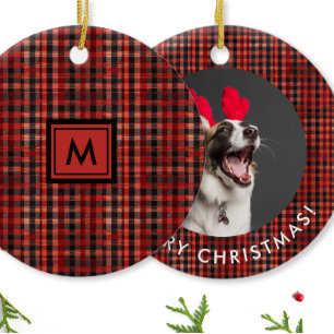 Classic Red Black Plaid Tartan Pattern Monogram Ceramic Ornament