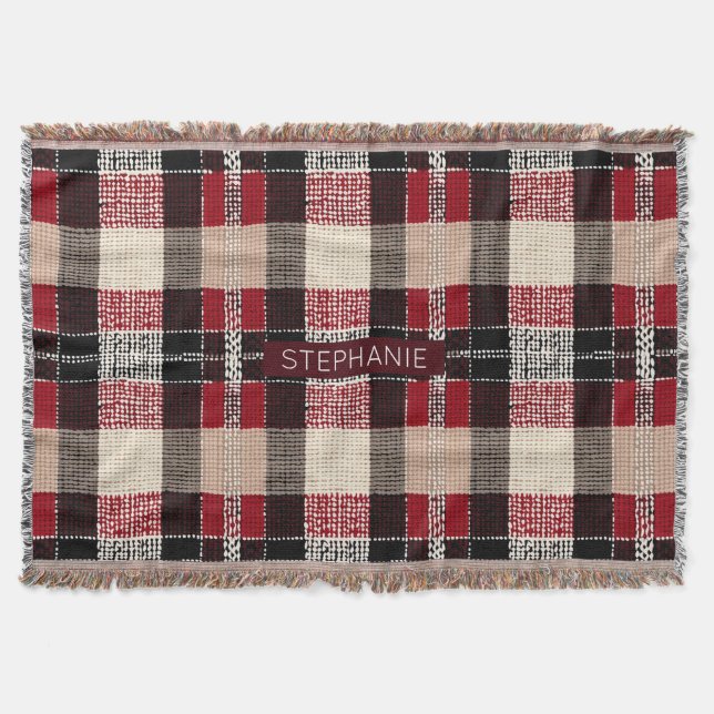 Classic Red & Black Tartan Plaid - Rustic Woven Throw Blanket (Front)