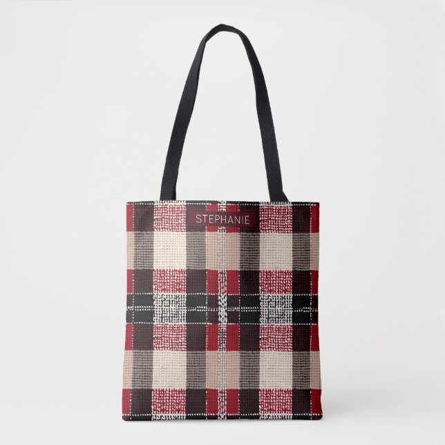 Classic Red & Black Tartan Plaid - Rustic Woven Tote Bag (Front)
