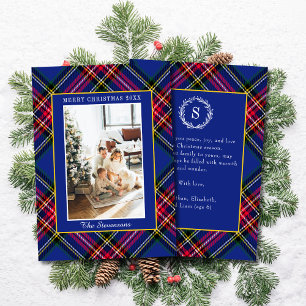 Classic Red Blue Gold Tartan Plaid Photo Christmas Holiday Card