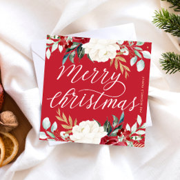 Classic Red Botanical Floral Merry Christmas Card
