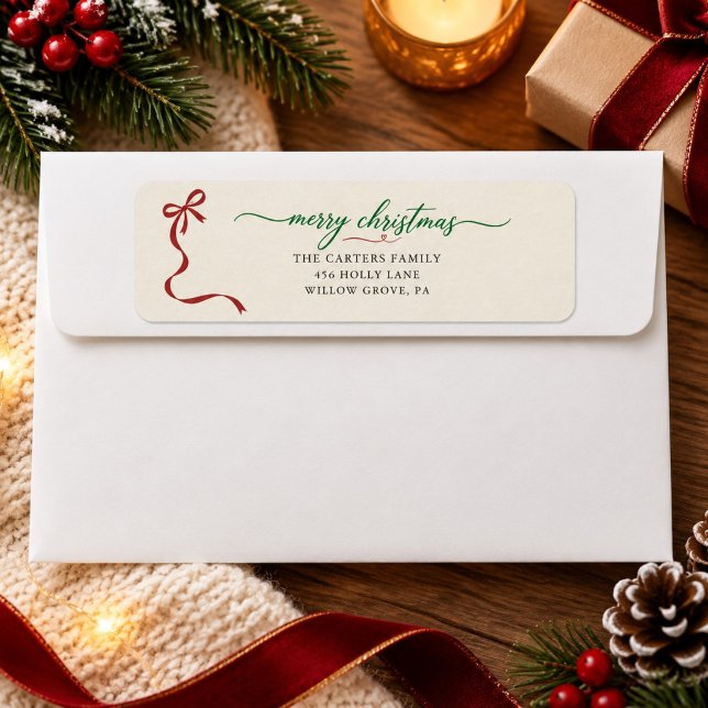 Classic Red Bow Green Script Christmas Address (Creator Uploaded)