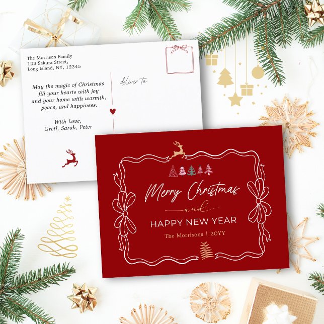 Classic Red: Bow & Trees Doodles Holiday Postcard (Classic Red: Bow & Trees Doodles Holiday Postcard)