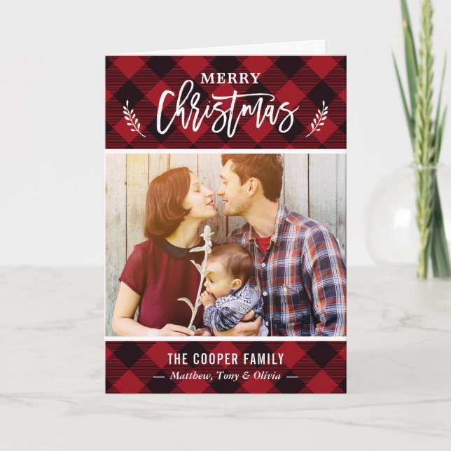 Classic Red Buffalo Check Merry Christmas Photo Holiday Card (Front)